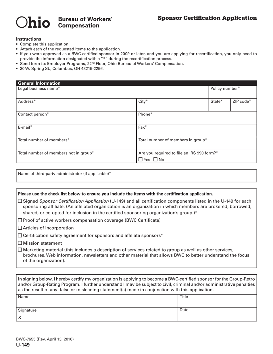 Form U-149 (BWC-7655) Sponsor Certification Application - Ohio, Page 1