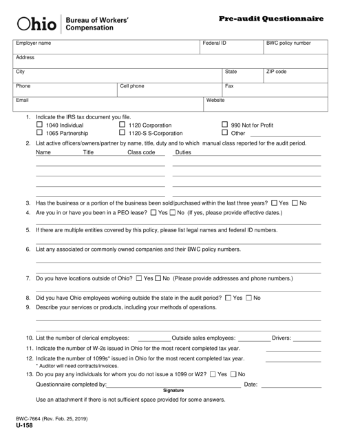 Form U-158 (BWC-7664) Pre-audit Questionnaire - Ohio