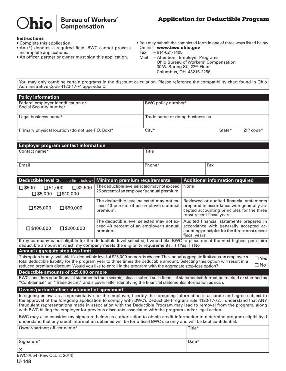 Form U-148 (BWC-7654) Application for Deductible Program - Ohio, Page 1