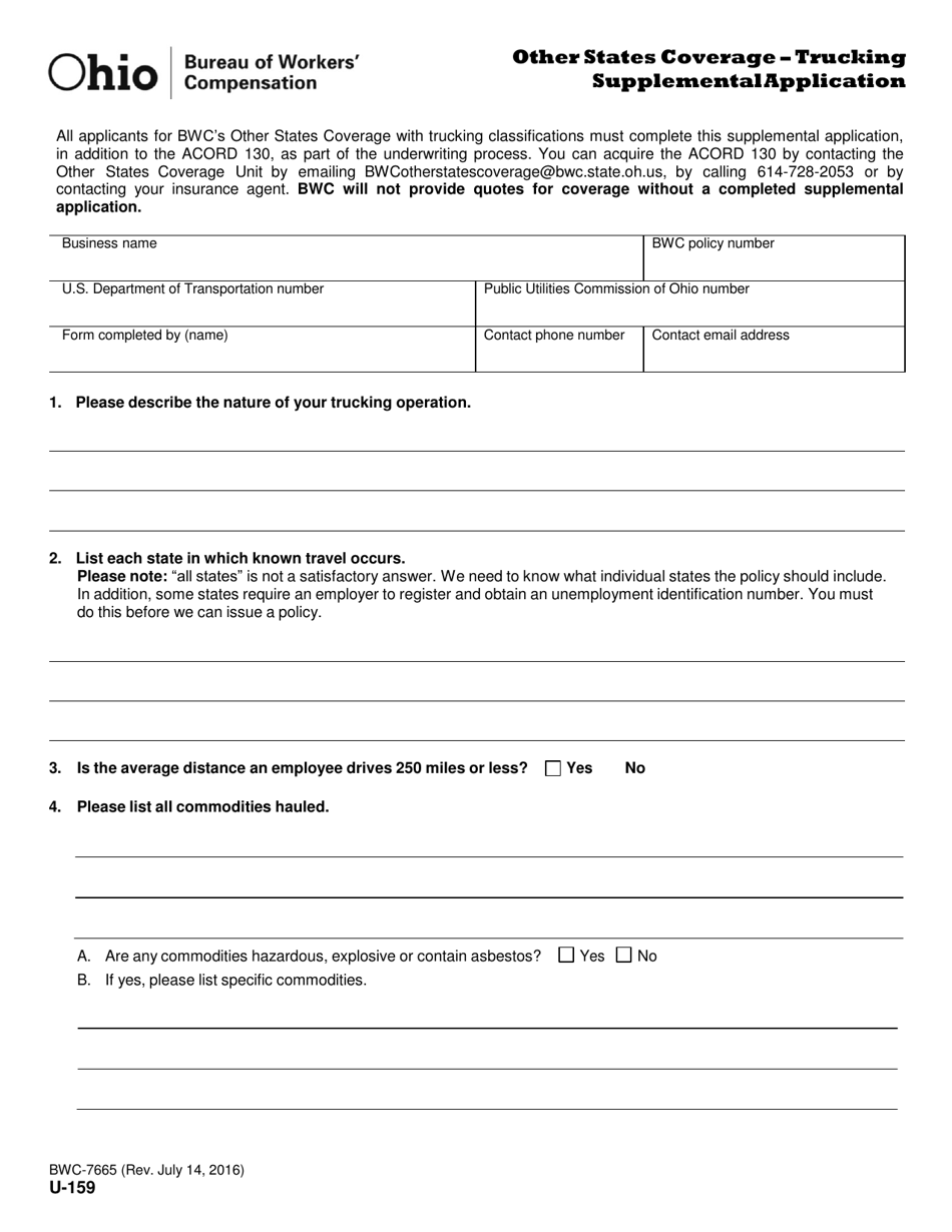 Form U-159 (BWC-7665) Other States Coverage - Trucking Supplemental Application - Ohio, Page 1