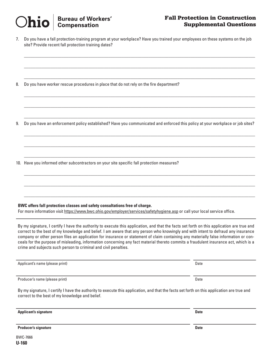 Form U-160 (BWC-7666) Fall Protection in Construction Supplemental Questions - Ohio, Page 2