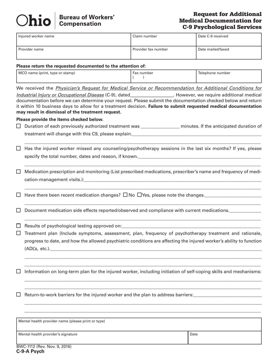 Form C-9-A PSYCH (BWC-1112) Request for Additional Medical Documentation for C-9 Psychological Services - Ohio, Page 1