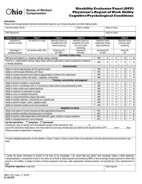 Form C-143 PC (BWC-1270) Disability Evaluator Panel (DEP) Physician's Report of Work Ability Cognitive/Psychological Conditions - Ohio