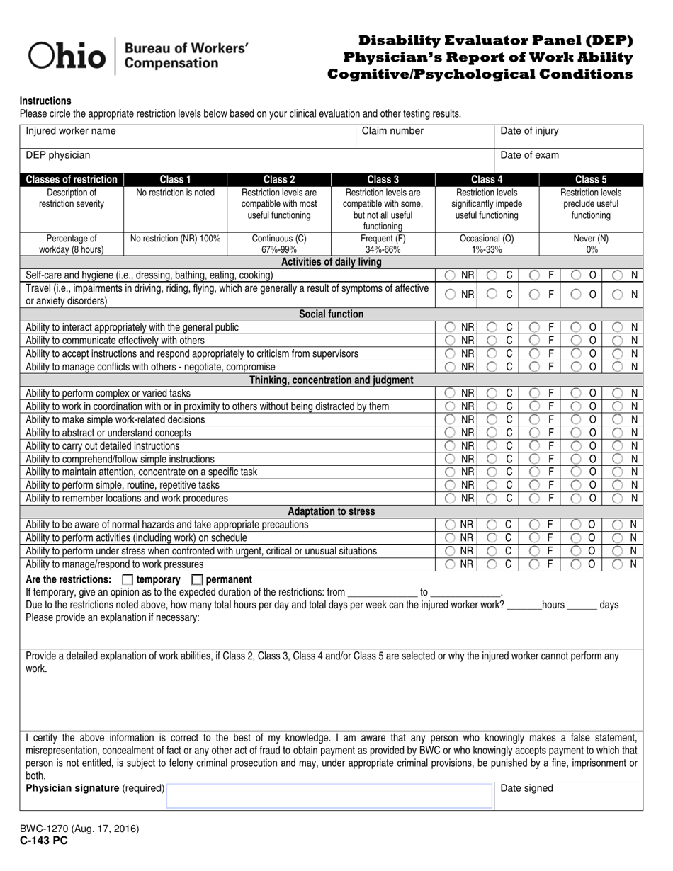 Form C-143 PC (BWC-1270) Disability Evaluator Panel (DEP) Physicians Report of Work Ability Cognitive / Psychological Conditions - Ohio, Page 1