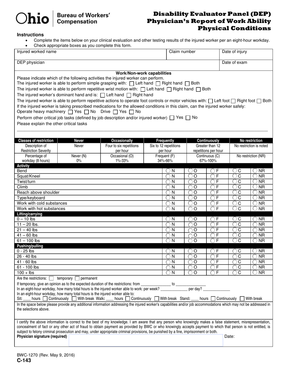 Form C-143 (BWC-1270) Disability Evaluator Panel (DEP) Physicians Report of Work Ability Physical Conditions - Ohio, Page 1