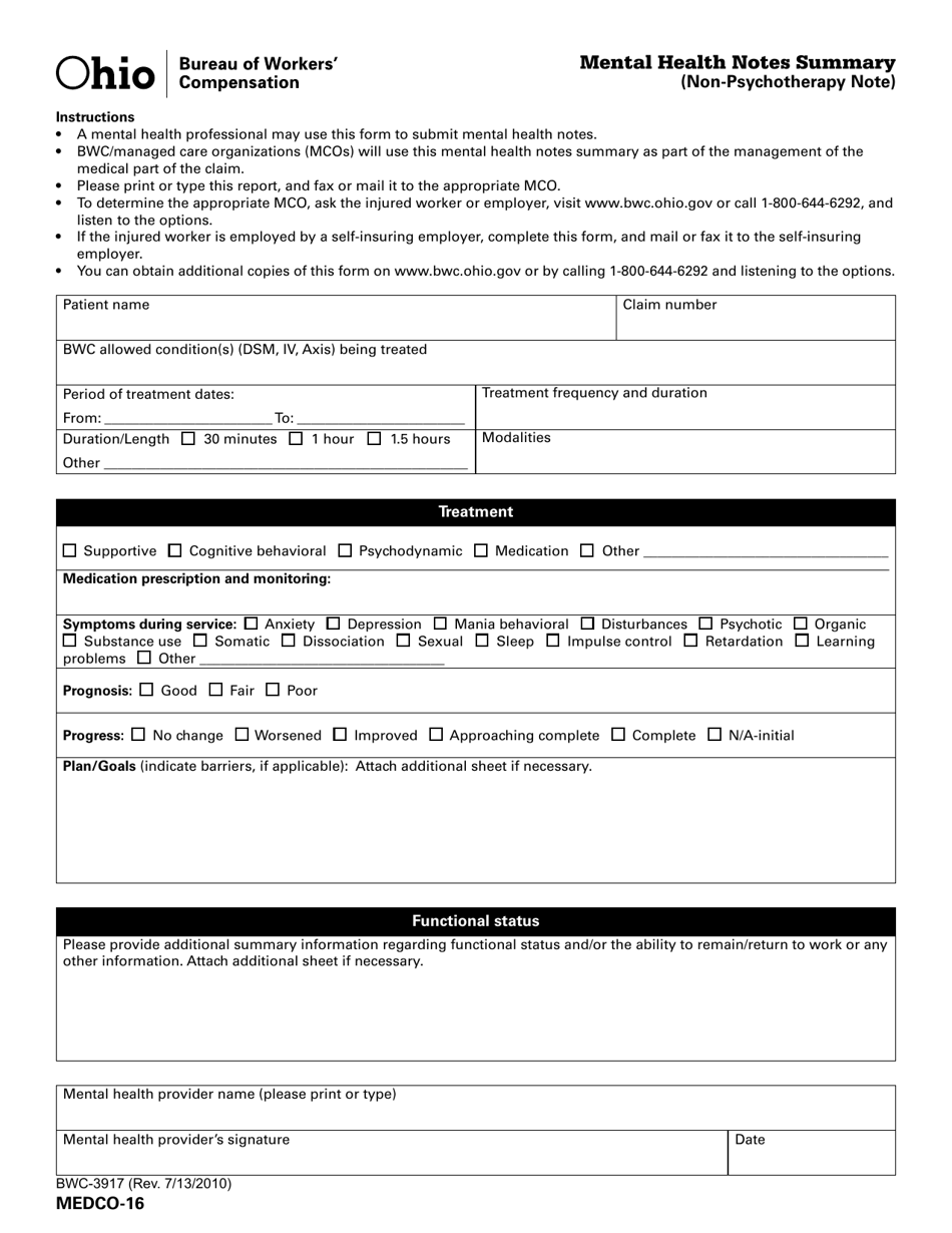 Form MEDCO-16 (BWC-3917) Mental Health Notes Summary (Non-psychotherapy Note) - Ohio, Page 1
