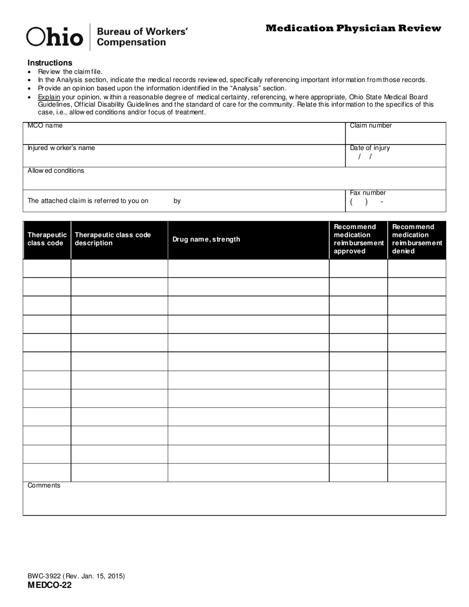 Form MEDCO-22 (BWC-3922) Medication Physician Review - Ohio, Page 1