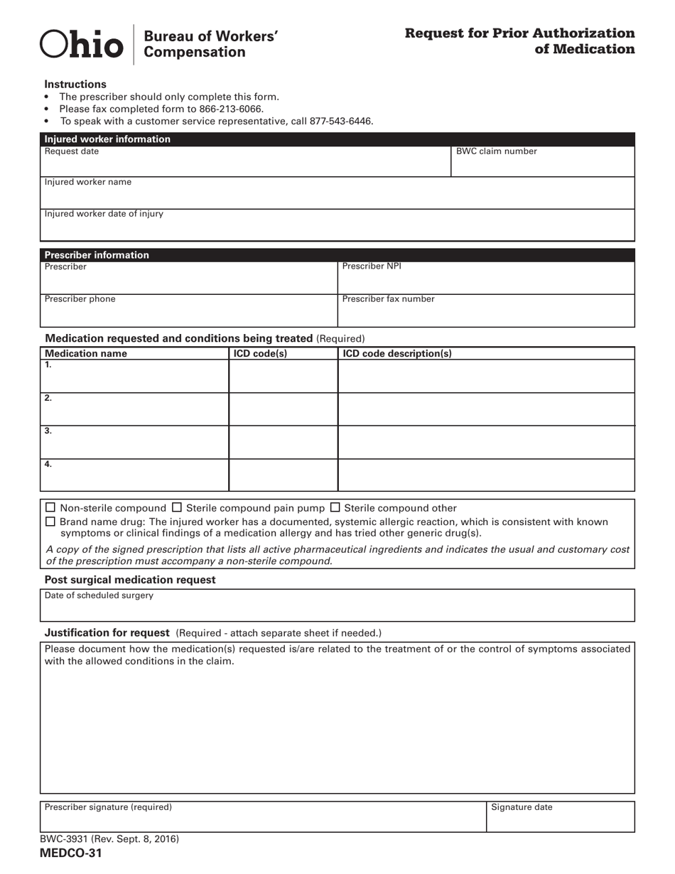 Form MEDCO-31 (BWC-3931) Request for Prior Authorization of Medication - Ohio, Page 1