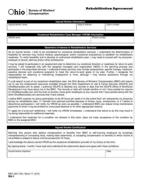 Form RH-1 (BWC-2951) Rehabilitation Agreement - Ohio