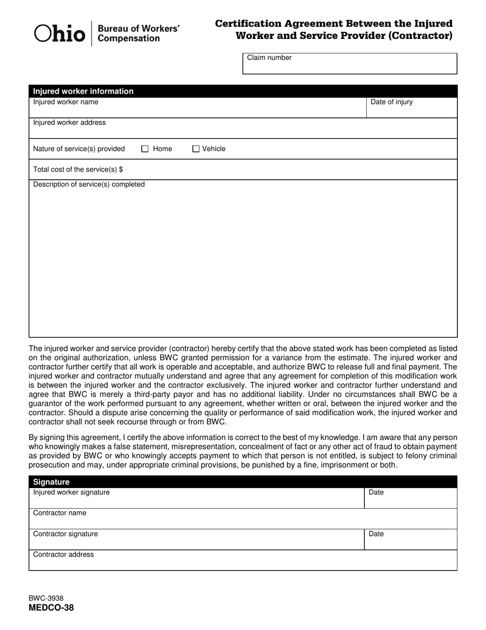 Form MEDCO-38 (BWC-3938) Certification Agreement Between the Injured Worker and Service Provider (Contractor) - Ohio, Page 1