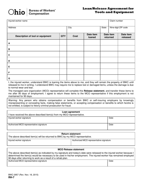 Form RH-7 (BWC-2957) Loan/Release Agreement for Tools and Equipment - Ohio
