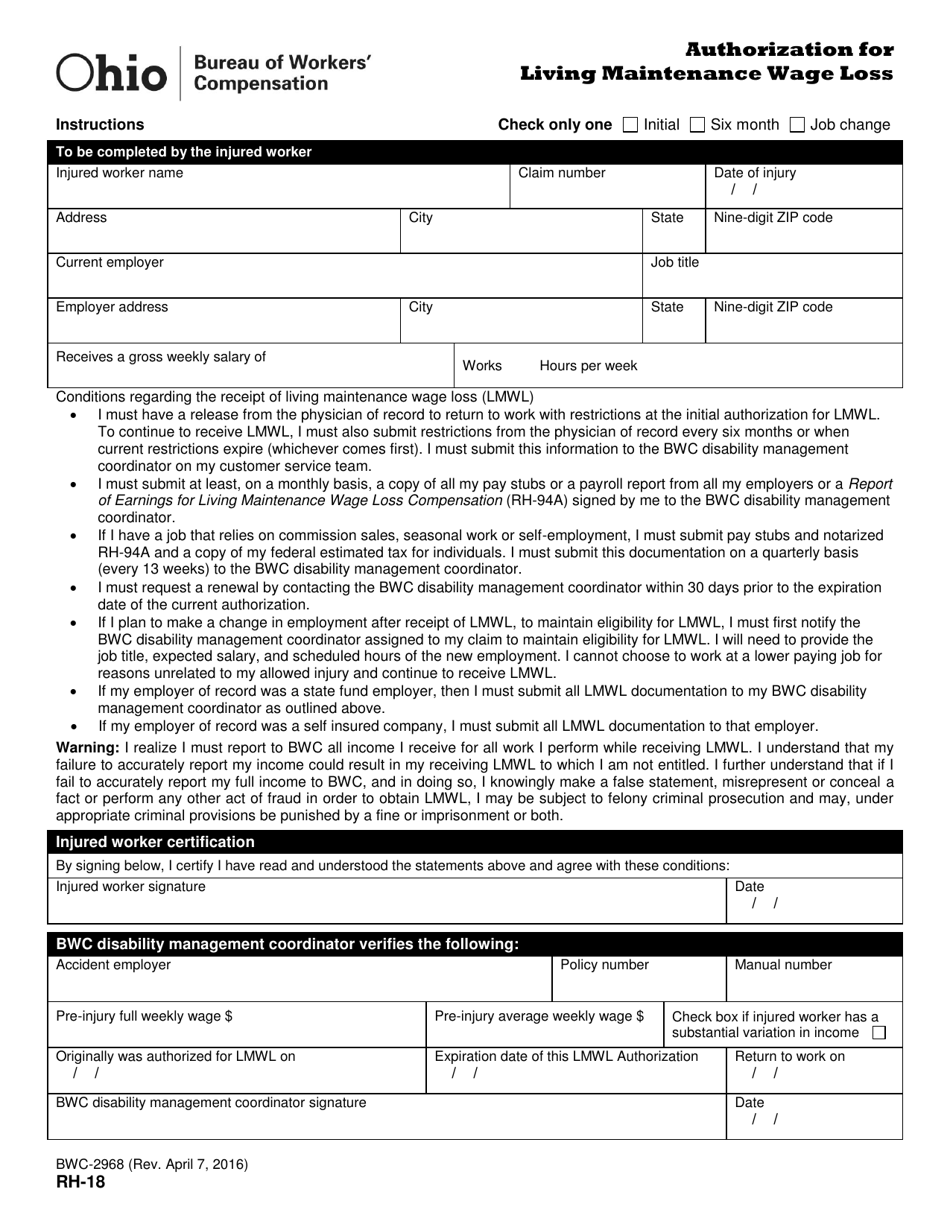 Form RH-18 (BWC-2968) Authorization for Living Maintenance Wage Loss - Ohio, Page 1