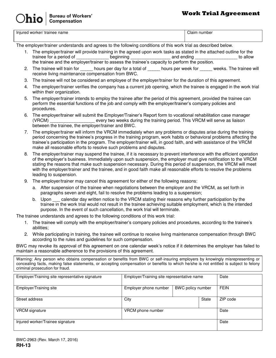 Form RH-13 (BWC-2963) Work Trial Agreement - Ohio, Page 1