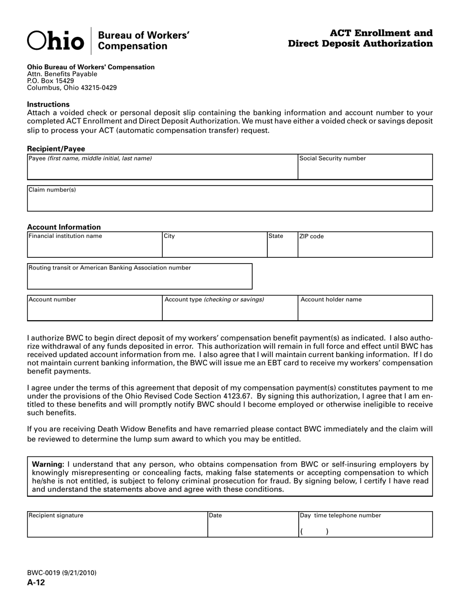 Form A-12 (BWC-0019) Act Enrollment and Direct Deposit Authorization - Ohio, Page 1