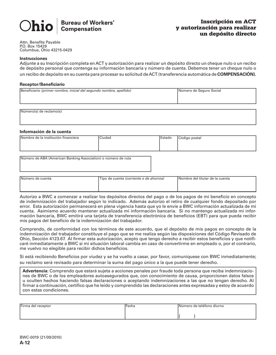 Formulario A-12 (BWC-0019) Inscripcion En Act Y Autorizacion Para Realizar Un Deposito Directo - Ohio (Spanish), Page 1