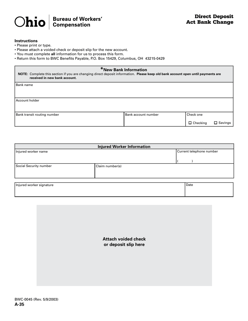 Form A-35 (BWC-0045) Direct Deposit Act Bank Change - Ohio, Page 1