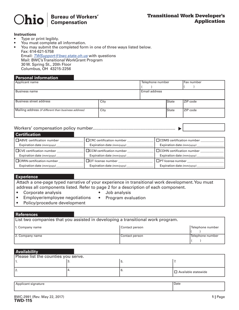 Form TWD-115 (BWC-2991) Transitional Work Developers Application - Ohio, Page 1