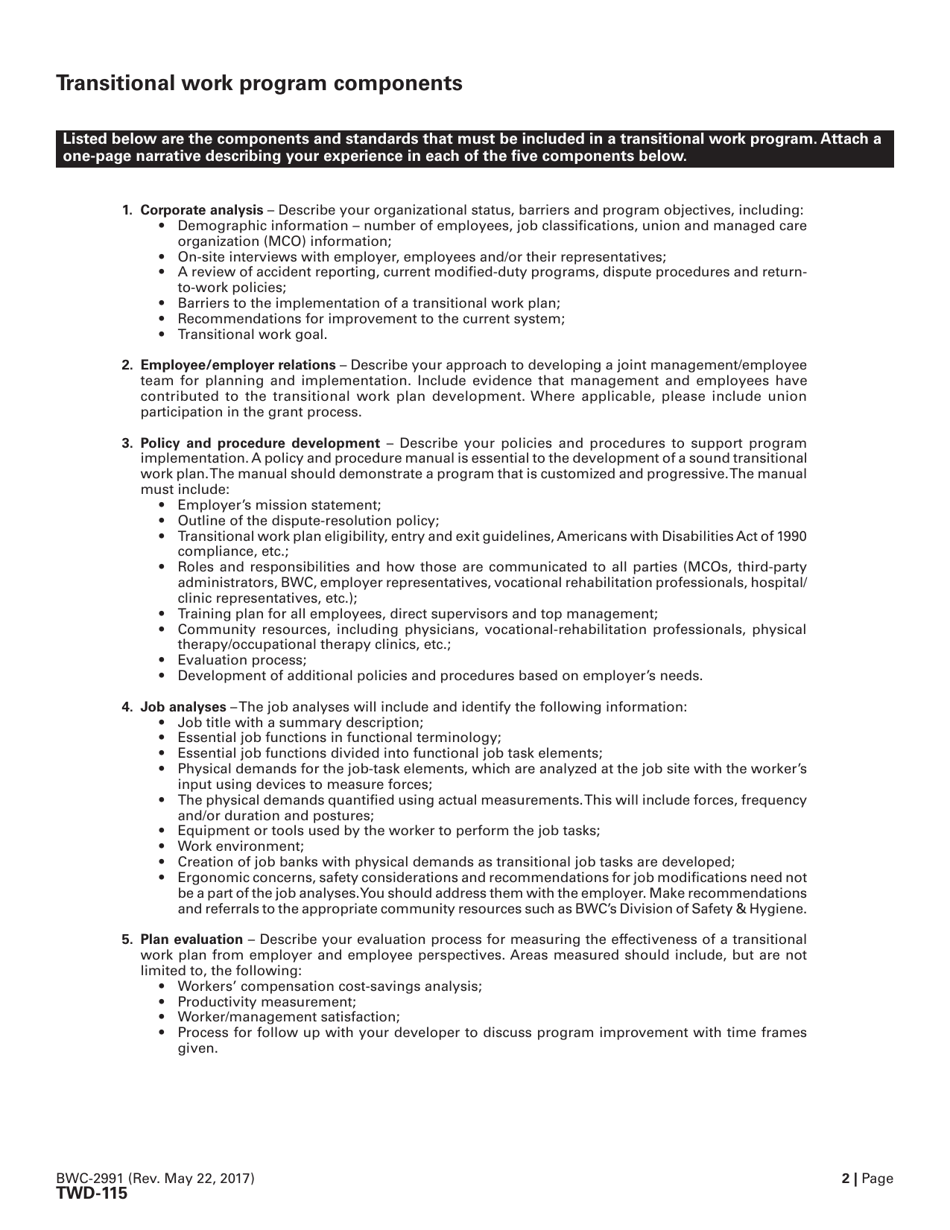 Form TWD-115 (BWC-2991) Transitional Work Developers Application - Ohio, Page 2