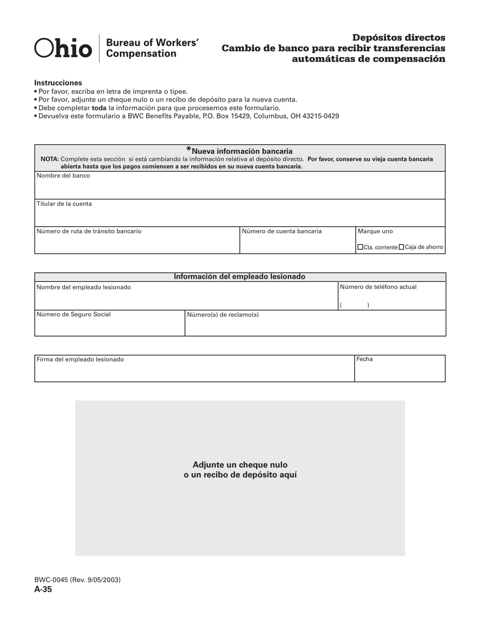 Formulario A-35 (BWC-0045) Depositos Directos Cambio De Banco Para Recibir Transferencias Automaticas De Compensacion - Ohio (Spanish), Page 1
