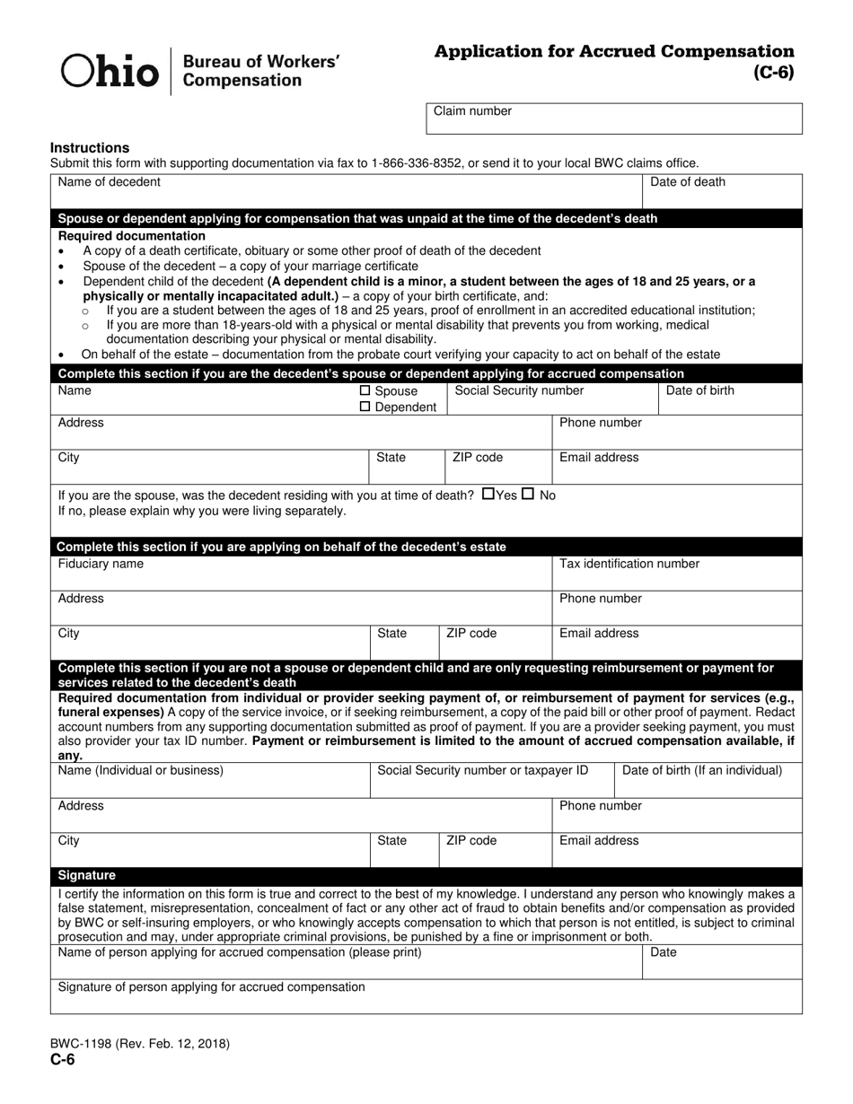 Form C-6 (BWC-1198) Application for Accrued Compensation - Ohio, Page 1