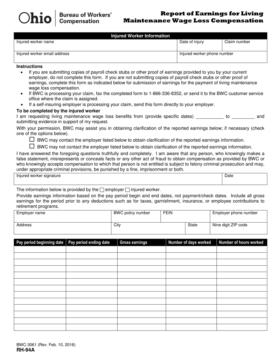 Form RH-94A (BWC-3061) Report of Earnings for Living Maintenance Wage Loss Compensation - Ohio, Page 1