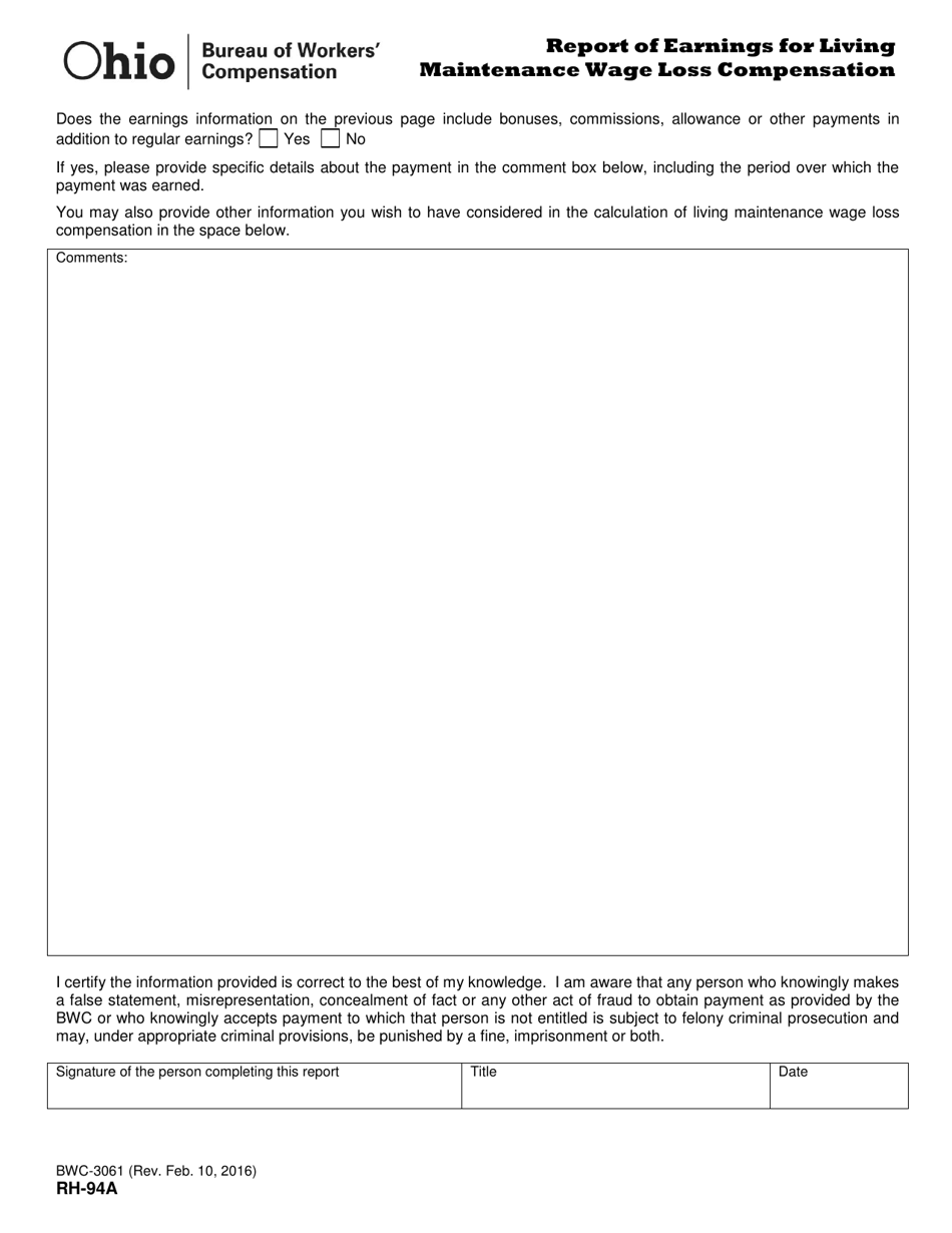 Form RH-94A (BWC-3061) Report of Earnings for Living Maintenance Wage Loss Compensation - Ohio, Page 2