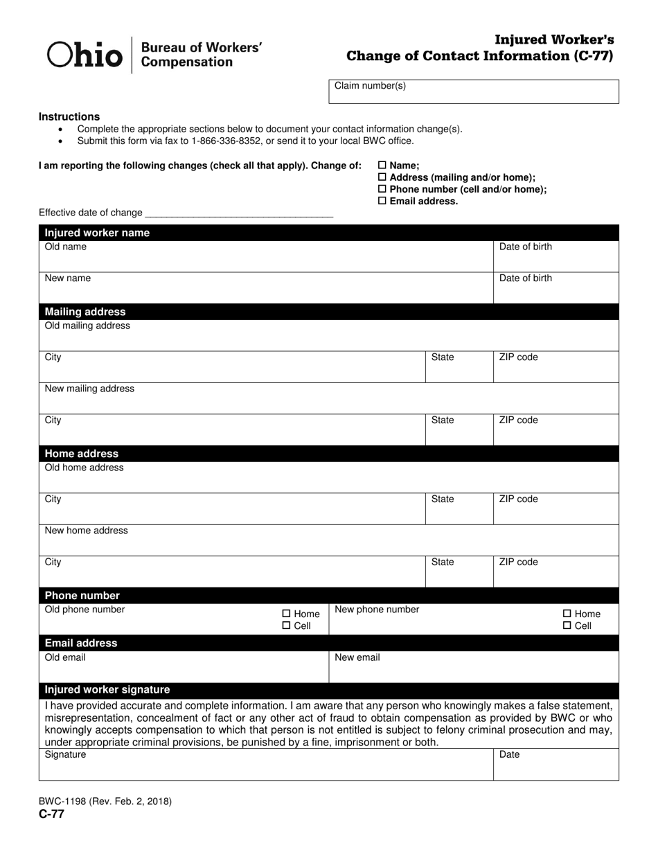 Form C-77 (BWC-1198) Injured Workers Change of Contact Information - Ohio, Page 1