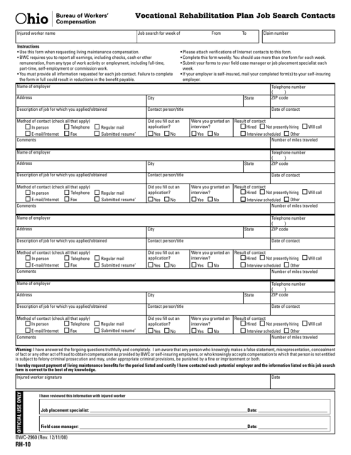 Form RH-10 (BWC-2960) Vocational Rehabilitation Plan Job Search Contacts - Ohio
