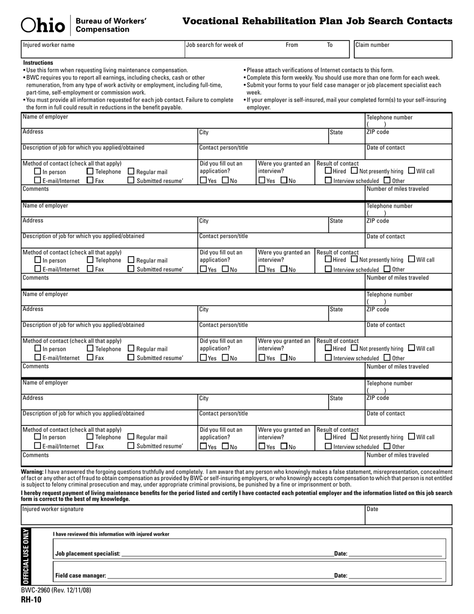Form RH-10 (BWC-2960) Vocational Rehabilitation Plan Job Search Contacts - Ohio, Page 1