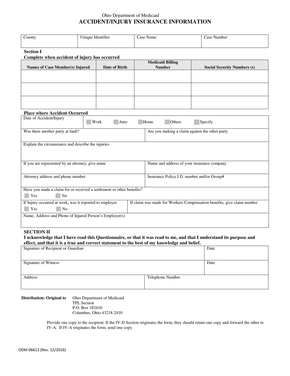 Form ODM06613 Download Fillable PDF or Fill Online Accident/Injury ...