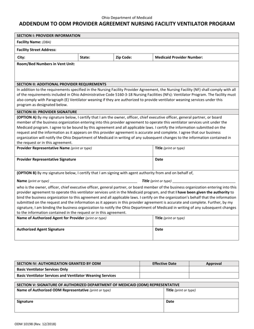 Form ODM10198 Addendum to Odm Provider Agreement Nursing Facility Ventilator Program - Ohio