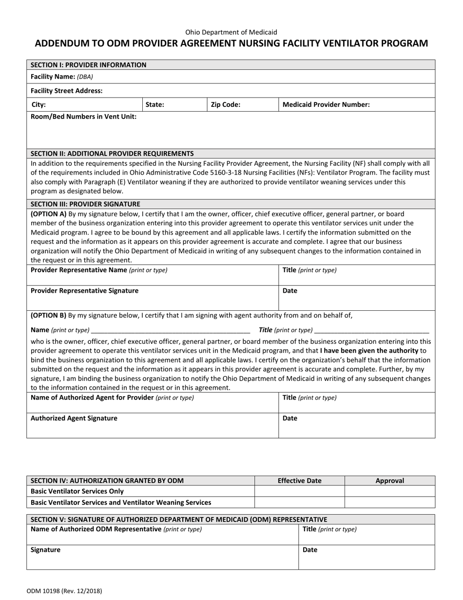Form ODM10198 Addendum to Odm Provider Agreement Nursing Facility Ventilator Program - Ohio, Page 1