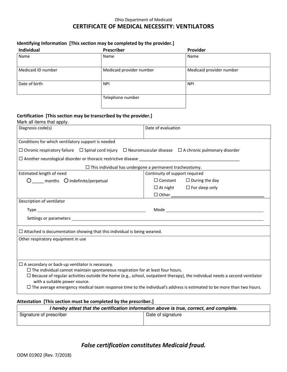 Form ODM01902 Certificate of Medical Necessity - Ventilators - Ohio, Page 1