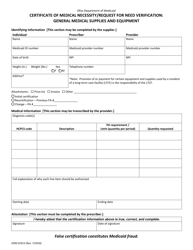 Document preview: Form ODM01913 Certificate of Medical Necessity/Request for Need Verification - General Medical Supplies and Equipment - Ohio