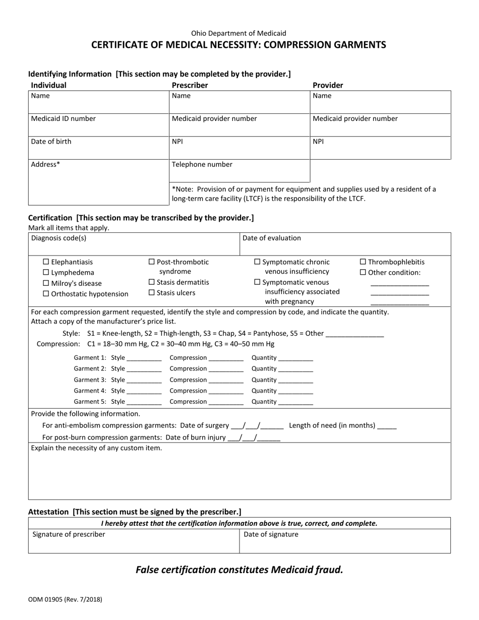 Form ODM01905 Certificate of Medical Necessity - Compression Garments - Ohio, Page 1