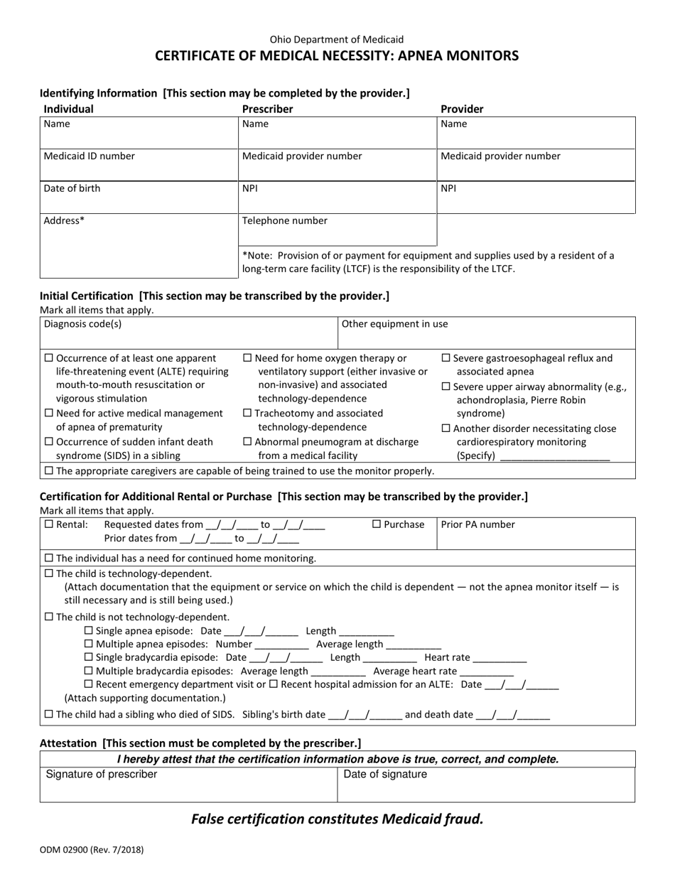 Form ODM02900 Certificate of Medical Necessity - Apnea Monitors - Ohio, Page 1