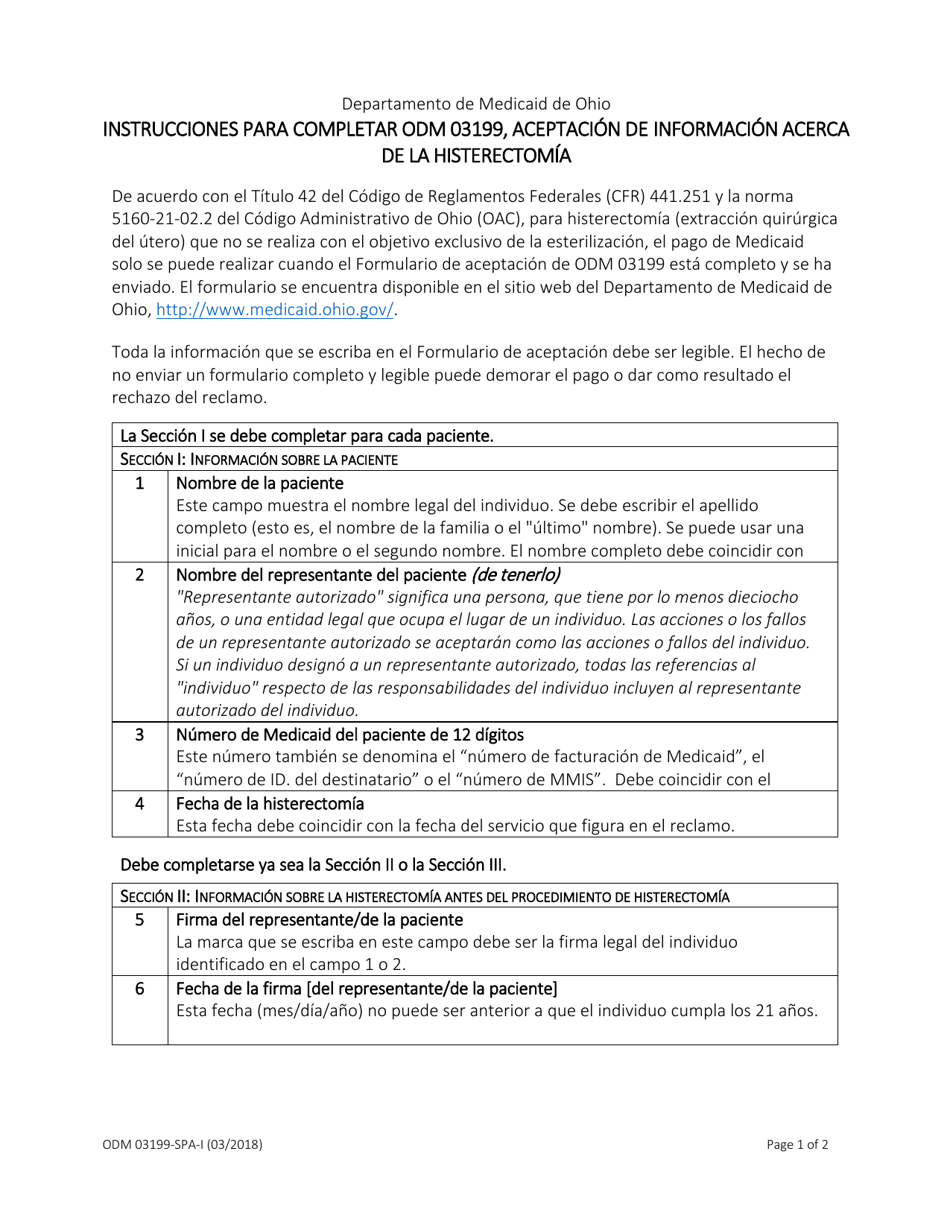 Instrucciones para Formulario ODM03199 Aceptacion De Informacion Acerca De La Histerectomia - Ohio (Spanish), Page 1