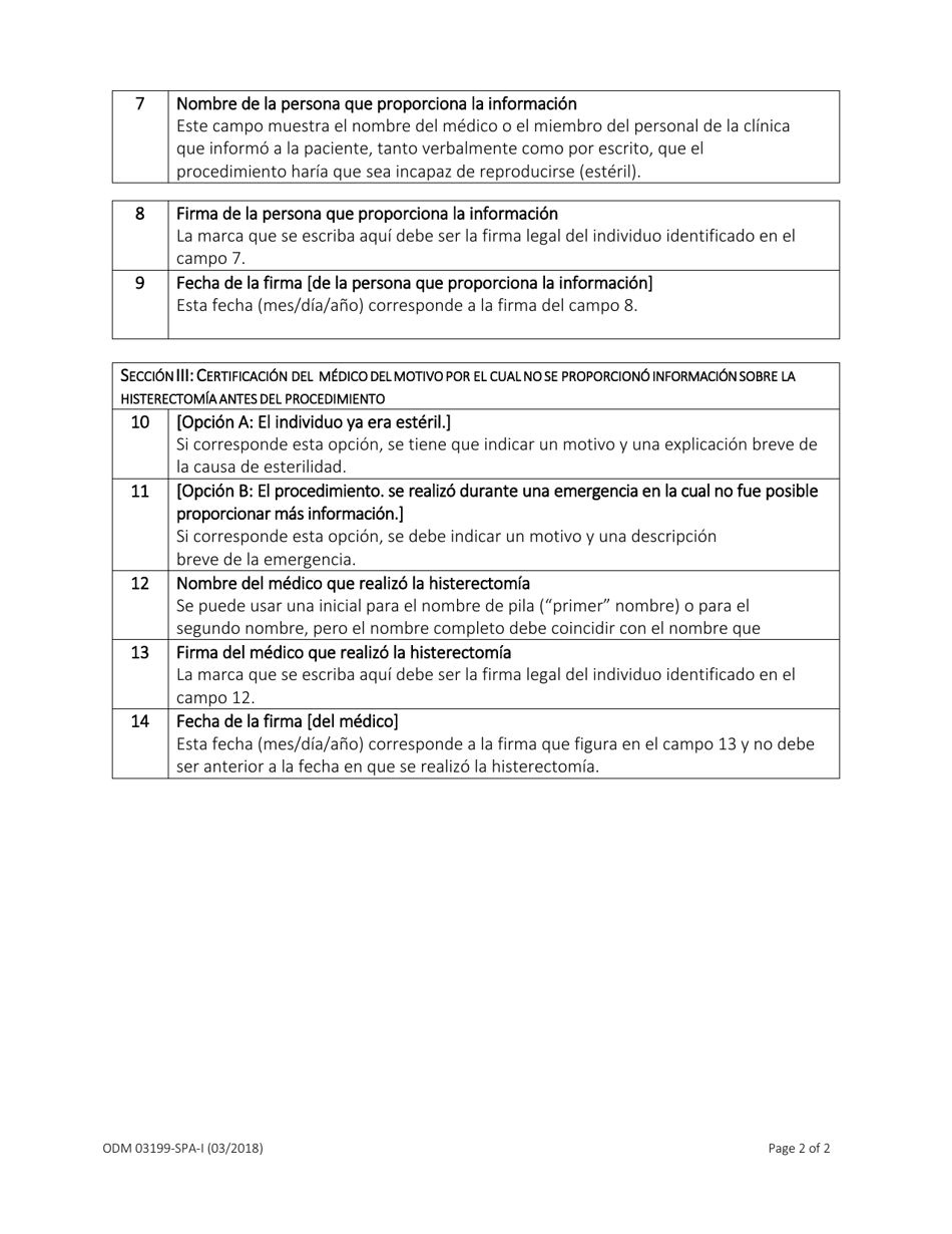 Instrucciones para Formulario ODM03199 Aceptacion De Informacion Acerca De La Histerectomia - Ohio (Spanish), Page 2