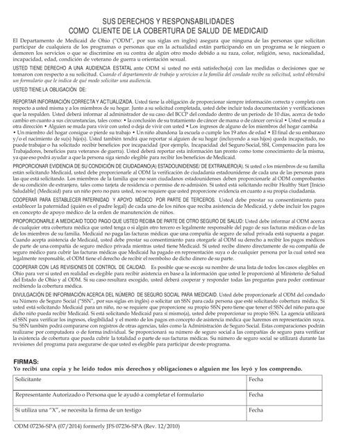Formulario ODM07236-SPA Sus Derechos Y Responsabilidades Como Cliente De La Cobertura De Salud De Medicaid - Ohio (Spanish)