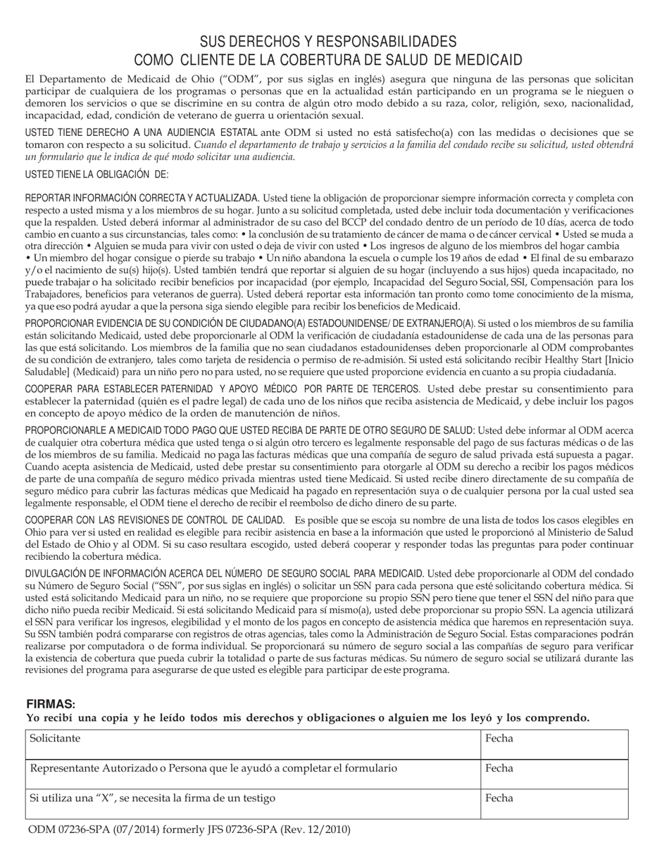 Formulario ODM07236-SPA Sus Derechos Y Responsabilidades Como Cliente De La Cobertura De Salud De Medicaid - Ohio (Spanish), Page 1