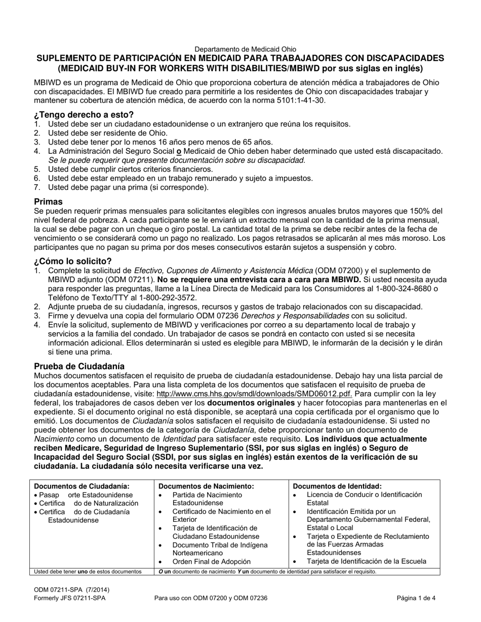 Formulario ODM07211-SPA Suplemento De Participacion En Medicaid Para Trabajadores Con Discapacidades - Ohio (Spanish), Page 1