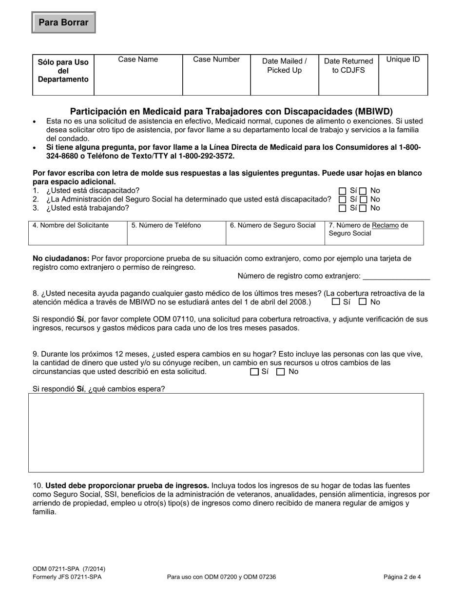 Formulario ODM07211-SPA Suplemento De Participacion En Medicaid Para Trabajadores Con Discapacidades - Ohio (Spanish), Page 2
