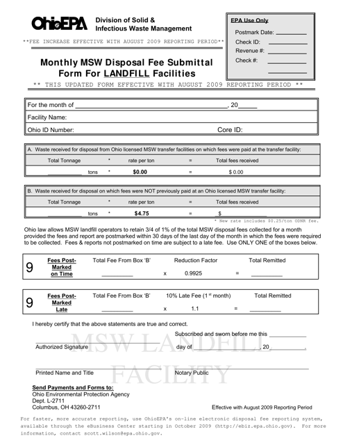 Monthly Msw Disposal Fee Submittal Form for Landfill Facilities - Ohio