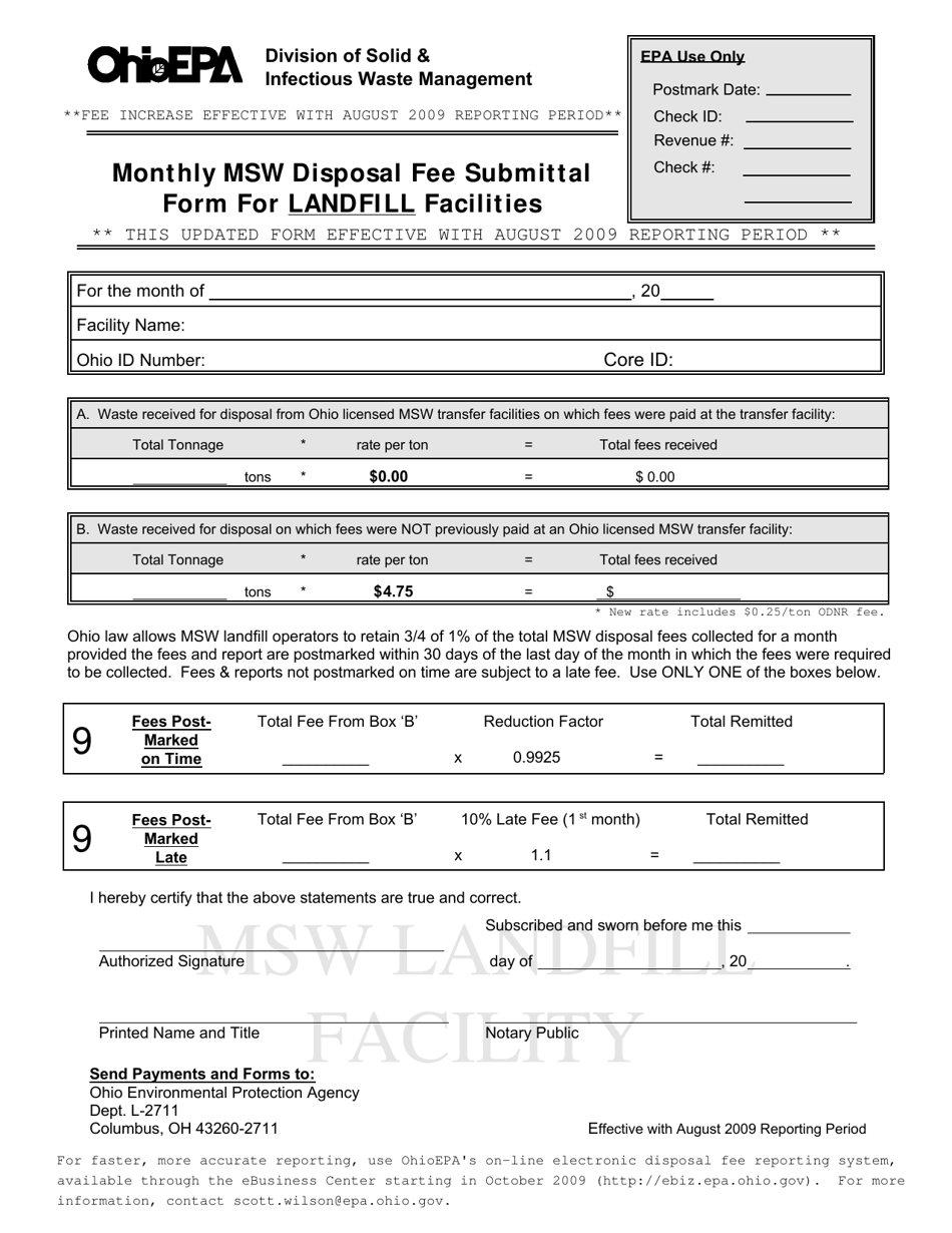 Monthly Msw Disposal Fee Submittal Form for Landfill Facilities - Ohio, Page 1