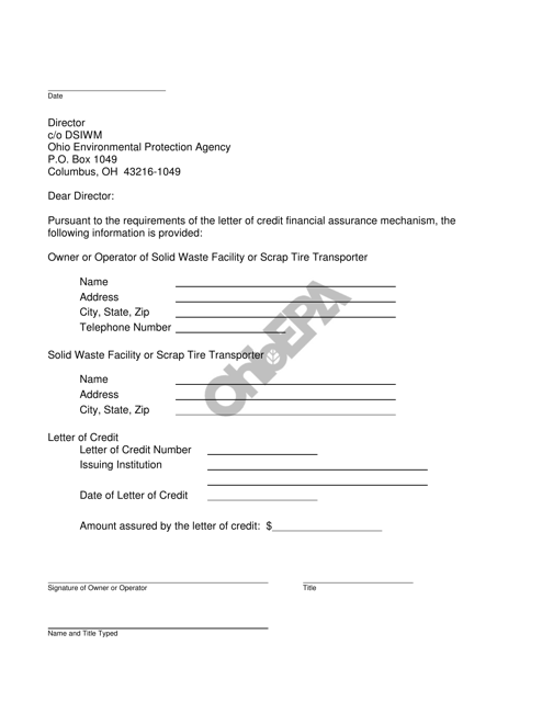 Financial Assurance Letter of Credit - Ohio Download Pdf