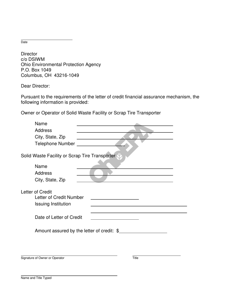 Financial Assurance Letter of Credit - Ohio, Page 1