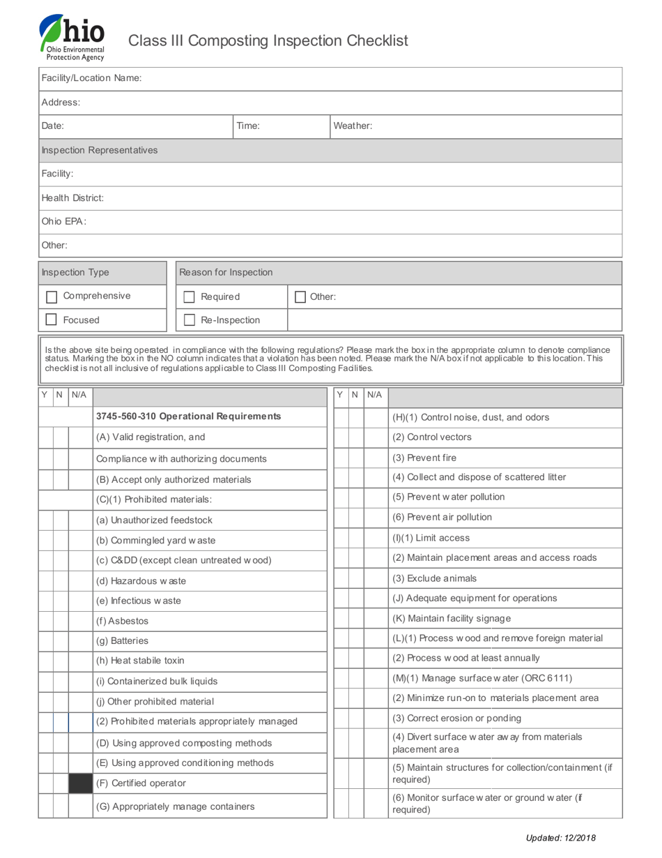 Ohio Class Iii Composting Inspection Checklist - Fill Out, Sign Online ...