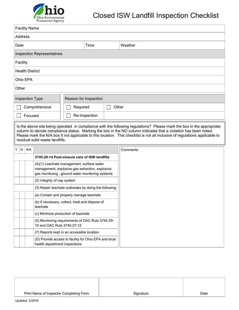 Ohio Closed Isw Landfill Inspection Checklist - Fill Out, Sign Online ...