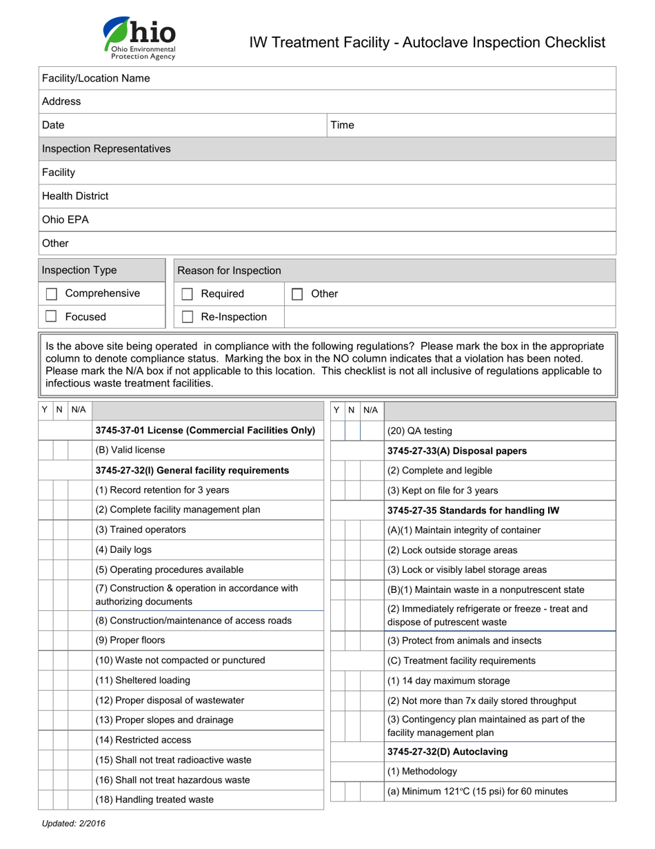 Iw Treatment Facility - Autoclave Inspection Checklist - Ohio, Page 1
