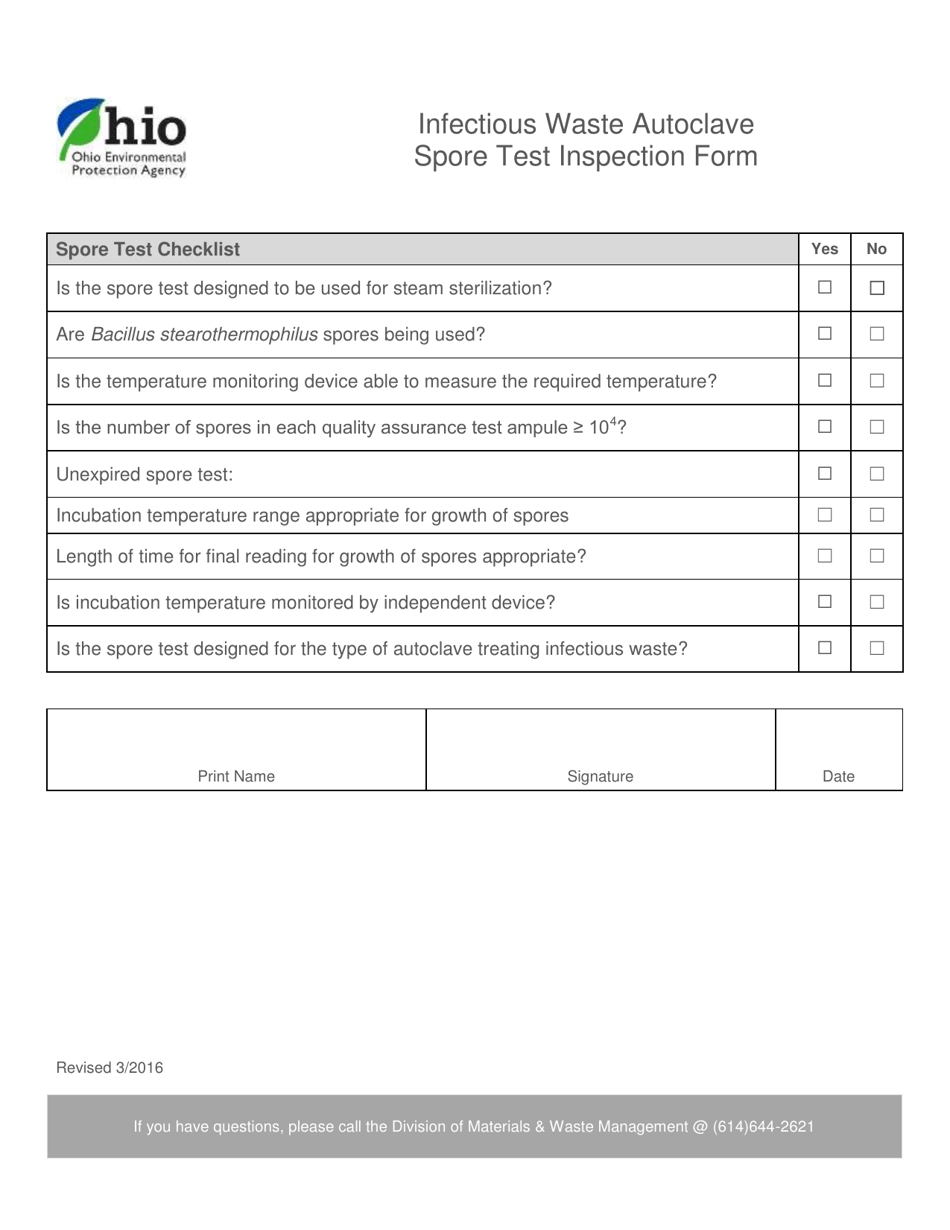 Ohio Infectious Waste Autoclave Spore Test Inspection Form Download